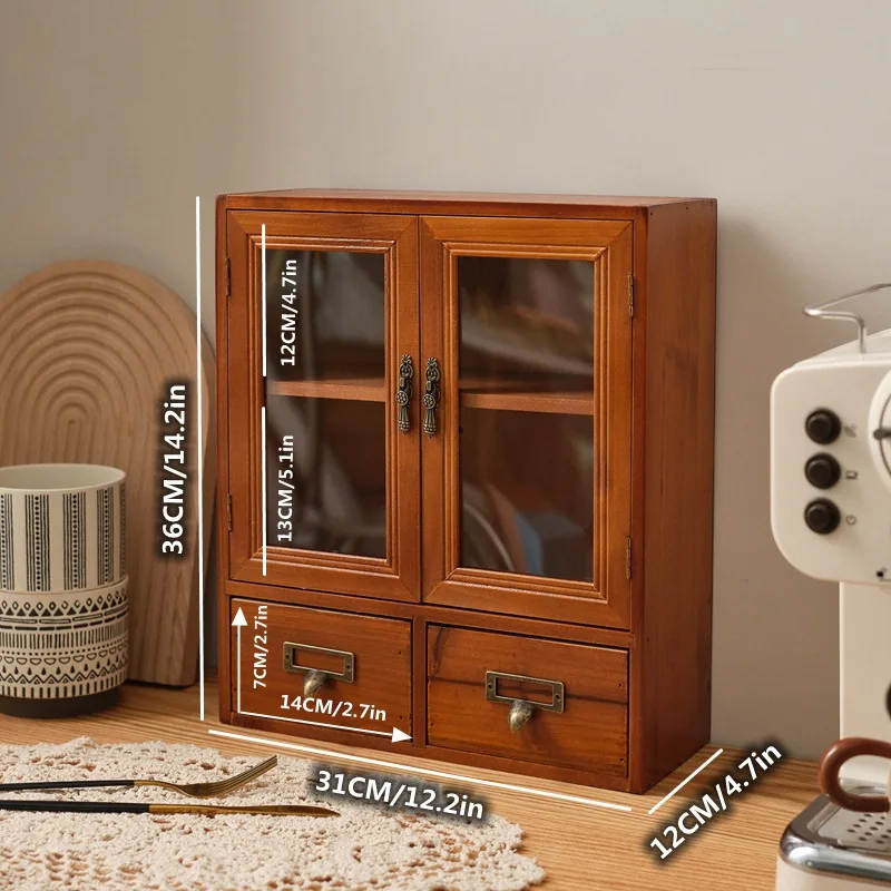 Nordic solid wood retro wood double door display cabinet sundry cosmetics storage cabinet drawer desktop storage box 6