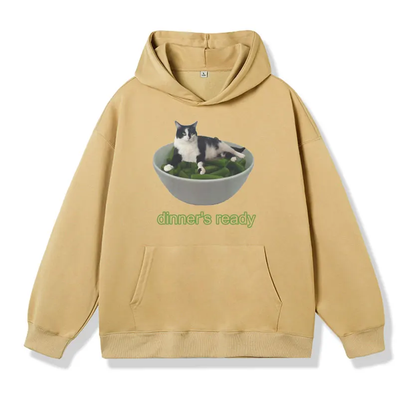 Dinner's Ready Bean Cat Funny Graphic Hoodie Men Women Cartoon Oversized Cotton Fleece Pullover Fashion Sweatshirt Y2k Clothes