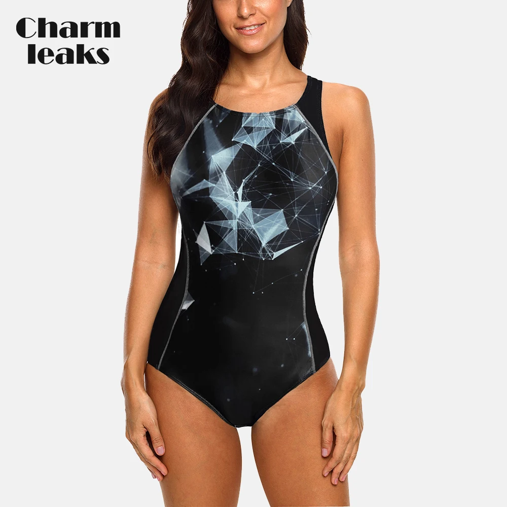 

Charmleaks Women Sports Swimsuit One-piece Fashion Printing Professional Athletic Bathing Suit Hollow Out Back Swimming Wear