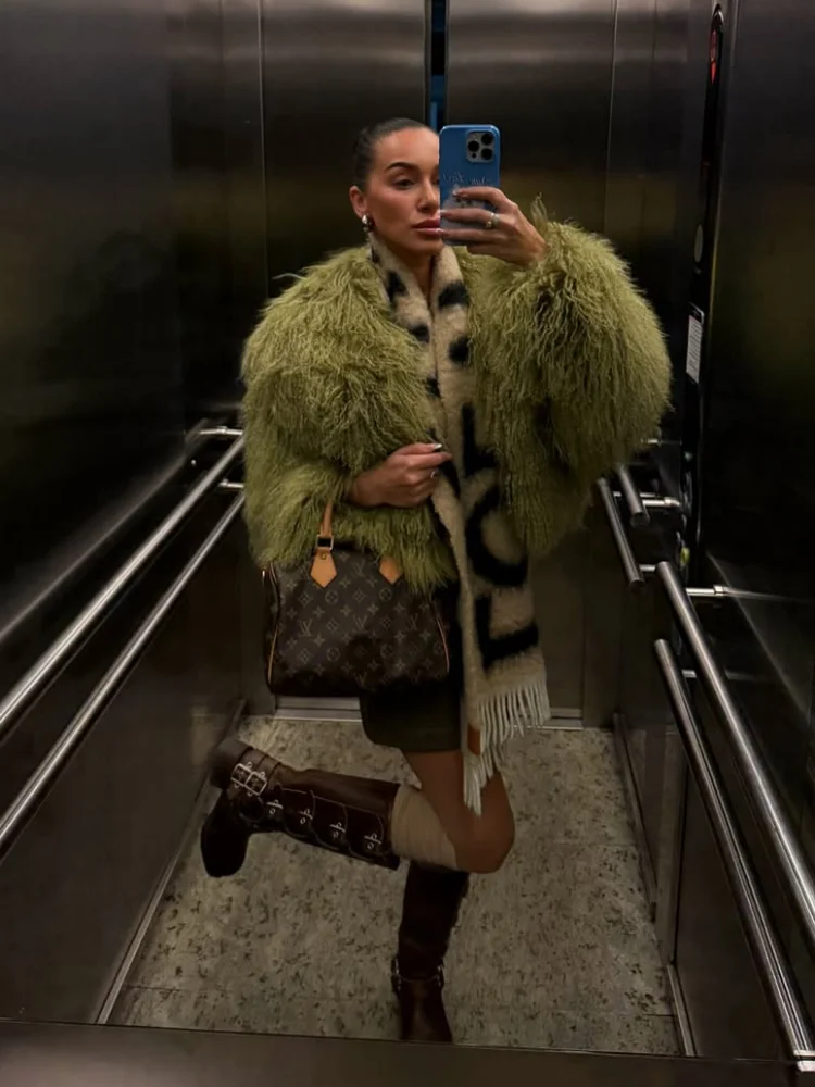 Mongolie laine fausse fourrure veste solide femmes mode col rabattu à manches longues Cardigan manteaux courts dame quotidien rue outwear