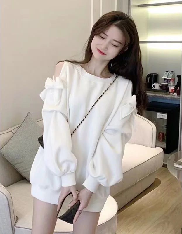 

Bow long sleeve off-the-shoulder sweatshirt women's spring and autumn thin plus-size no hatless ins style babes midi top