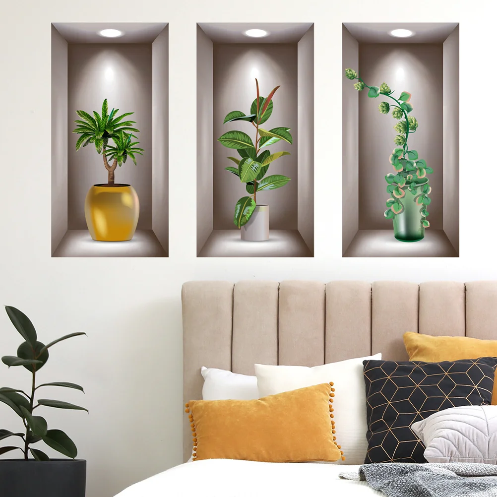 

2 Sets Decor Green Plant Potted Wall Sticker 3d Bonsai Wallpaper Decal Plants Decorative Decals Stickers