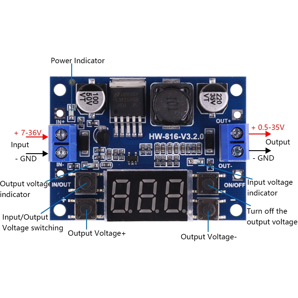 DC 가변 스텝 다운 전원 공급 장치 모듈 LM2596 LED 전압계 디스플레이가있는 전압 조정기 디지털 3.3V 5V 12V