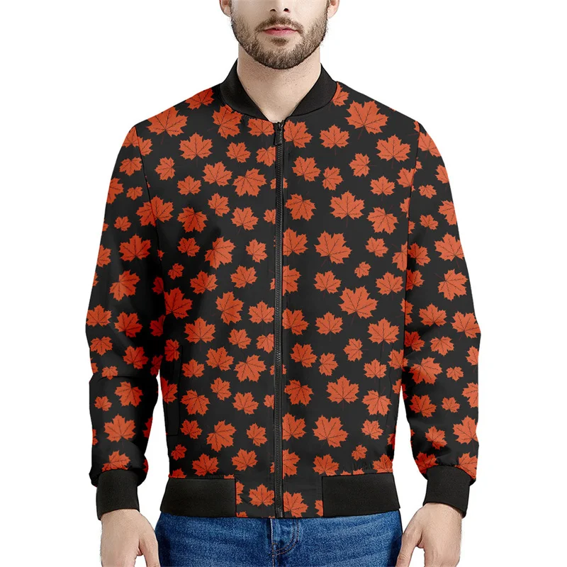 thumbnail image 1 of Chaqueta con estampado 3D de hoja de arce de Canadá para hombres y niños, chaqueta informal con cremallera para la calle, sudadera estilo aviador para primavera y otoño, 1 of 5