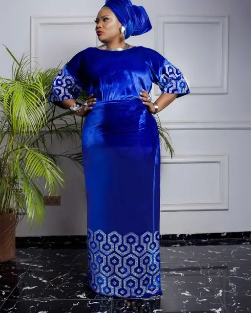 Ronke Three Pcs Velvet Dress, Wrapper and Head Tie