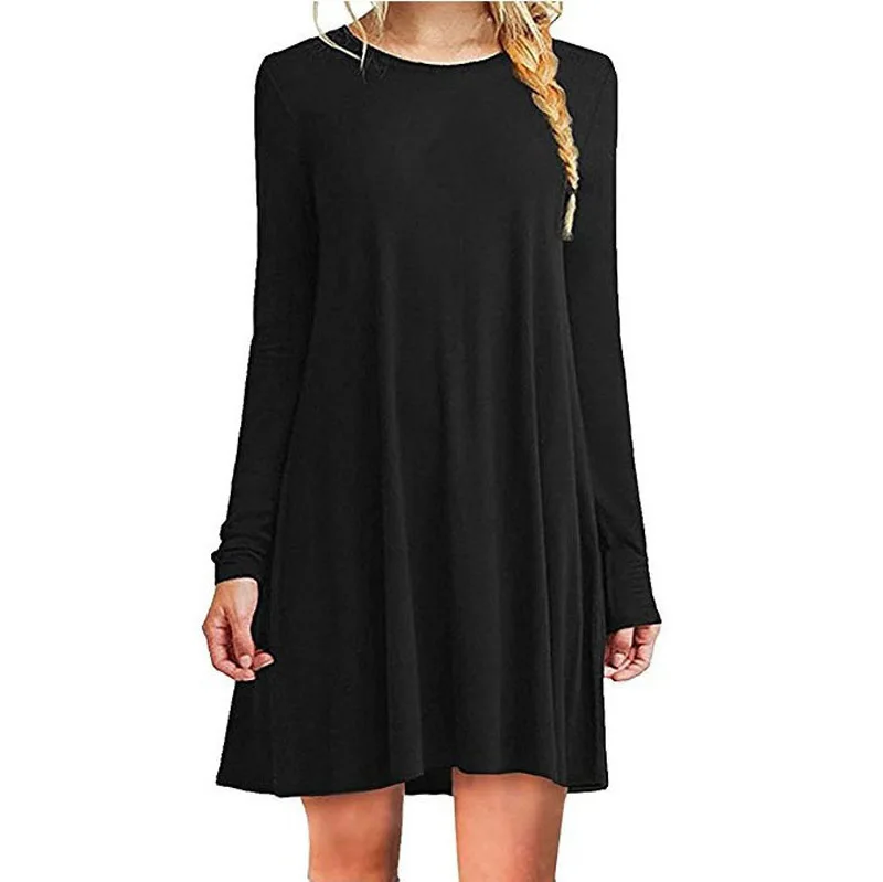 Womens Long Sleeve Swing Dress - Casual Solid Color Round Neck Autumn Winter