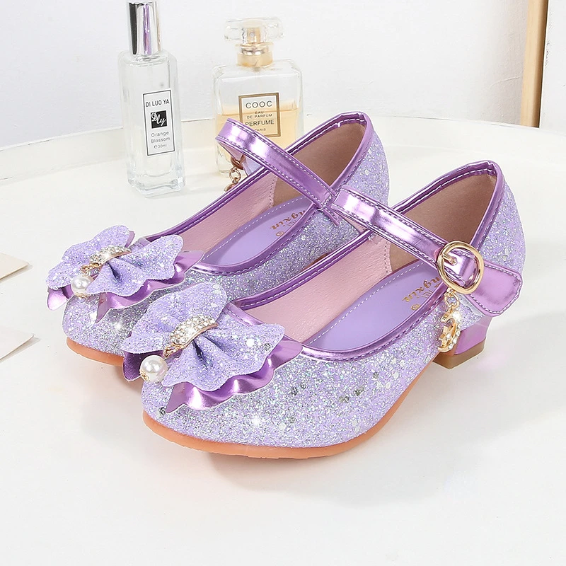 

Girl's High-heel Sequins Shoes Kid's Butterfly Knot Non-slip Princess Shoes Kids Rhinestones Shoes Children's Leather Shoe 2024