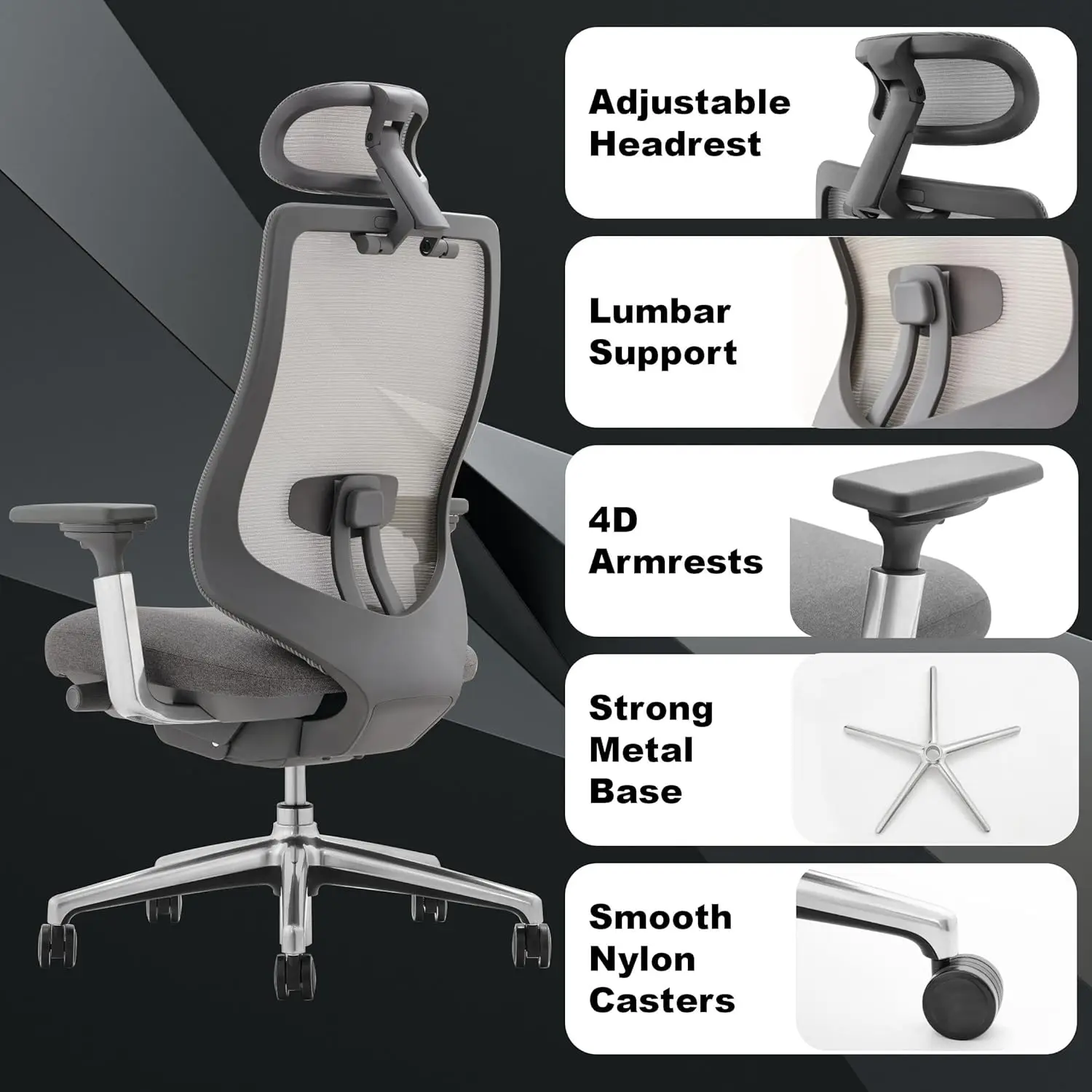 Ergonomic Mesh Office Chair,High Back Executive Desk Chair with Adjustable Headrest, 4D Arm,Slide Seat,Tilt Lock, Lumbar Support