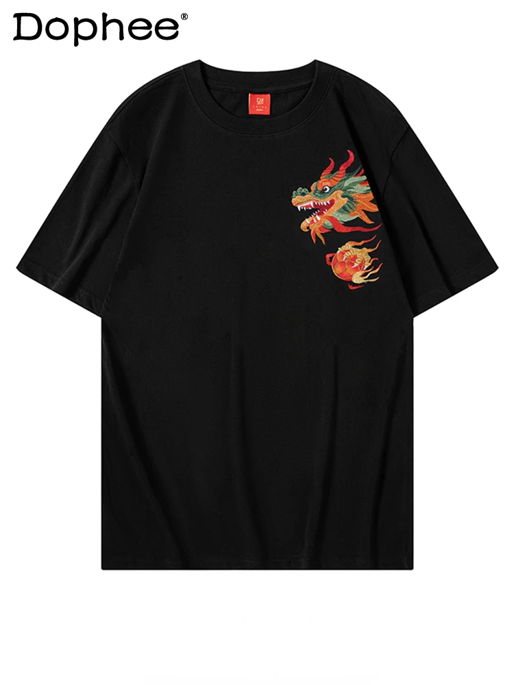 

Fashionable Dragon Embroidery Short-Sleeve T-shirt Men's Cotton T-shirt 2024 Trendy Male Tops Loose Comfort Men's Clothes