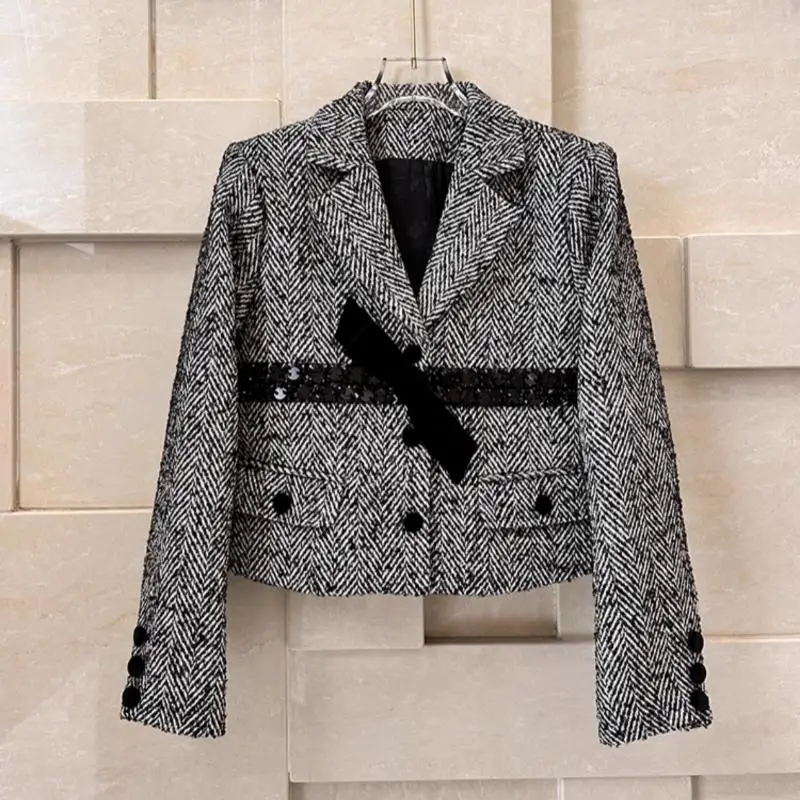 

Little Fragrant Wind Women Short Woolen Suit Coat Slim Fit Simple Elegant Short Jacket Heavy Work Studded Bowknot Luxury Jacket