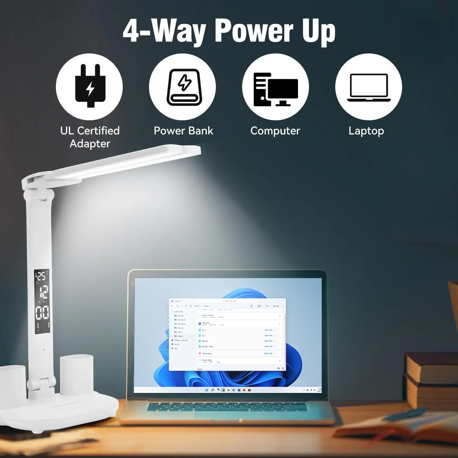 Desk Lamp USB LED Clock Dimmable Desk Lamp 2 Heads 180 Degree Rotation Foldable Desktop Reading Night Light Eye Protection