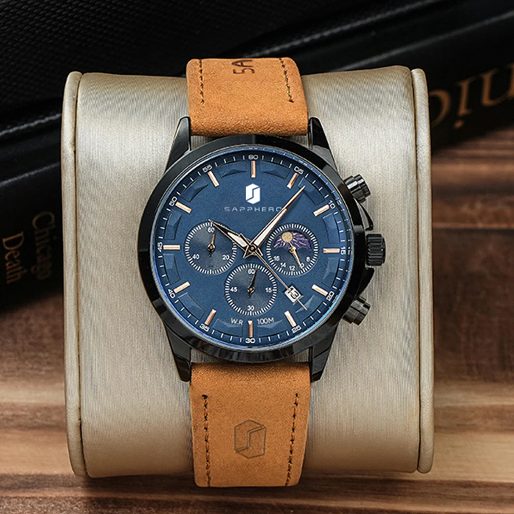 SAPPHERO Luxury Man Wristwatch Waterproof Luminous Stainless Steel  Wristwatch Quartz Chronograph Watch for Men Sport Male Clock
