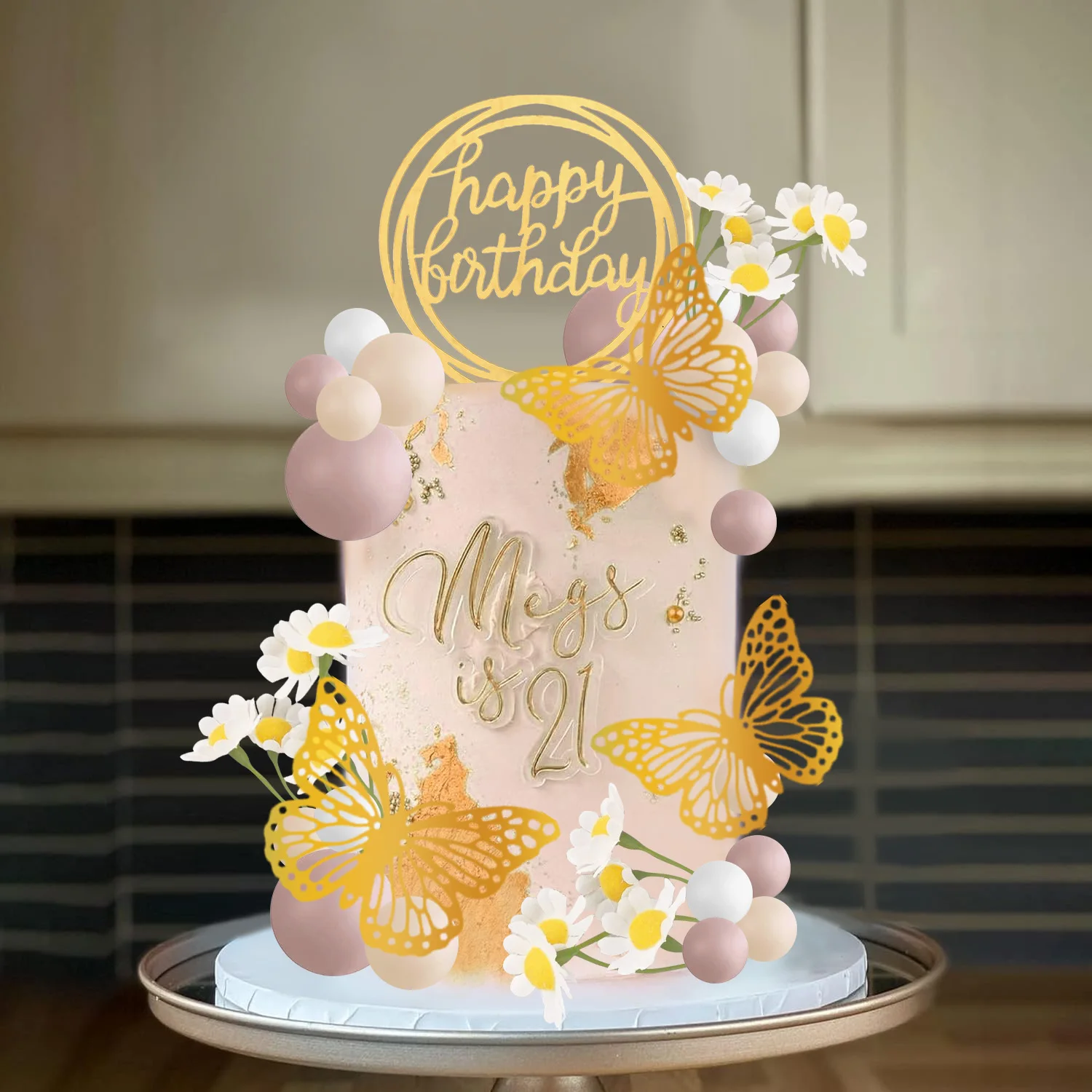 Rose Gold Ball & Butterfly Cake Topper Set - 35pcs Birthday Cake Decorations With Palm Leaves