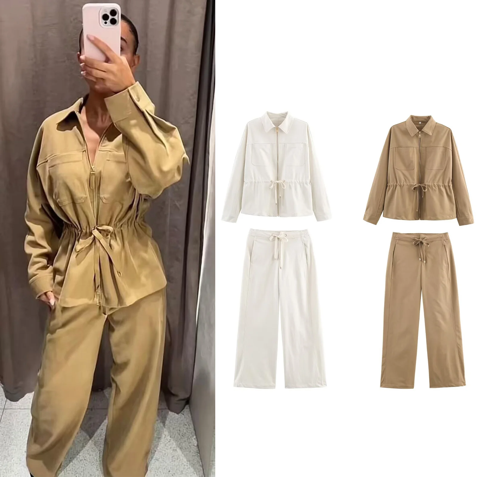 HH Female Causal Pants Suits Long Sleeves Solid Zipper Bomber Jackets+Drawstring Pants Autumn Fashion Safari Wear Khaki Set
