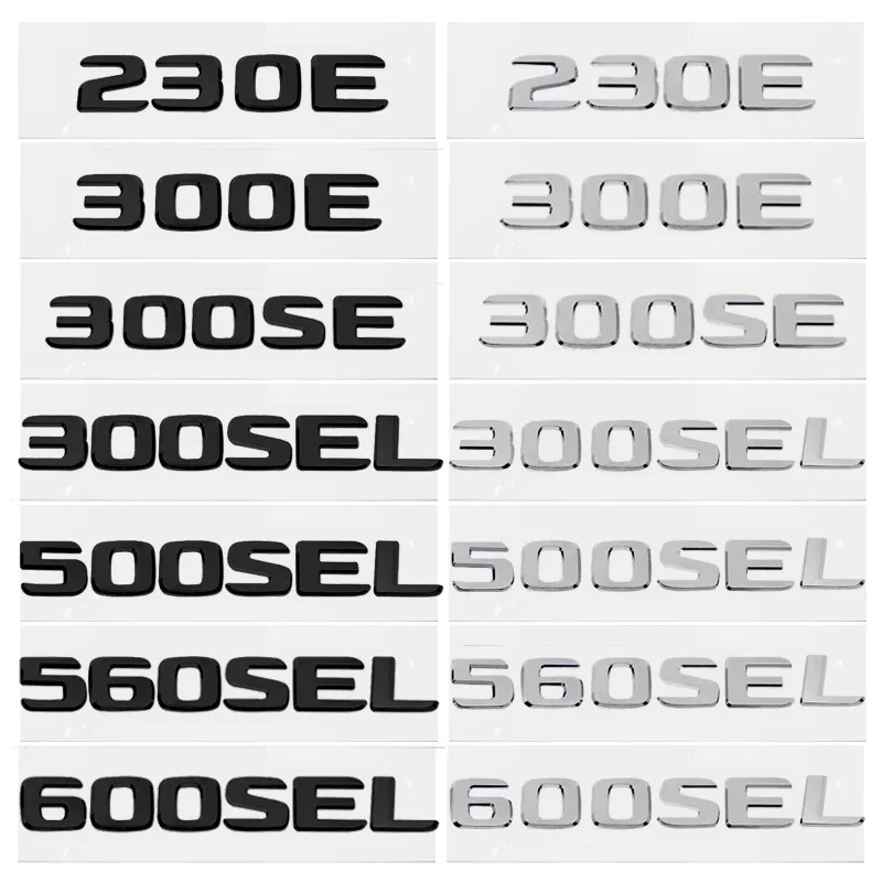 메르세데스 벤츠 230E 300E 300SEL 300SE 500SEL 560SEL 600SEL 배지용 ABS 자동차 펜더 트렁크 레터 엠블럼 테일 넘버 스티커