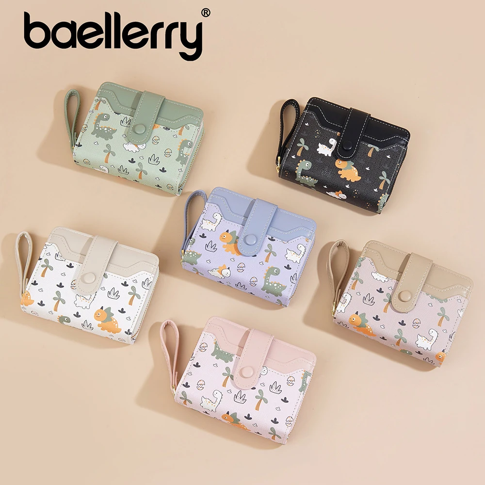baellerry Cute Dinosaur Print Wallet for Women - Short Snap Button Design with RFID Blocking, 6 Card Slots Slim Compact
