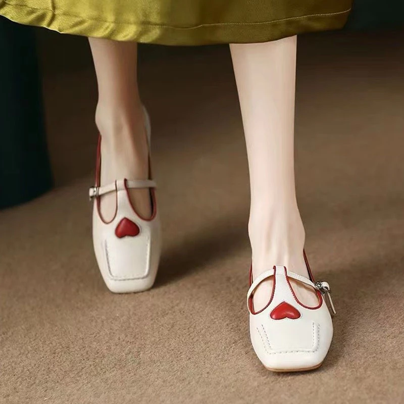 Spring Women's T Strap Shoes Square Toe Flats For Female Leather Shoes