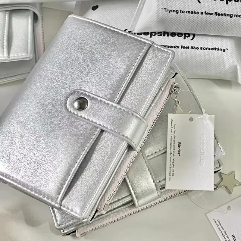 1Pcs Silver Small Notebook Soft Leather Girls Portable Card Holder Student Binder M5 Notepad Simple Ins Style Flipbook 5