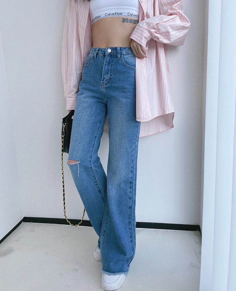 Spring Autumn Mid Waist Micro Flare Jeans For Women Chic Streetwear Ripped Slim Denim Pants Lady Casual Jeans Trousers