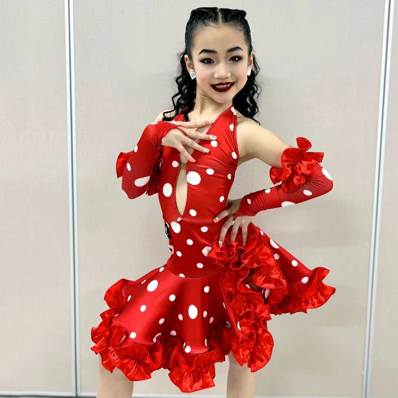 

Summer National Standard Ballroom Dance Dresses Red Latin Dance Competition Dress Kids Performance Dancing Clothes SL10051
