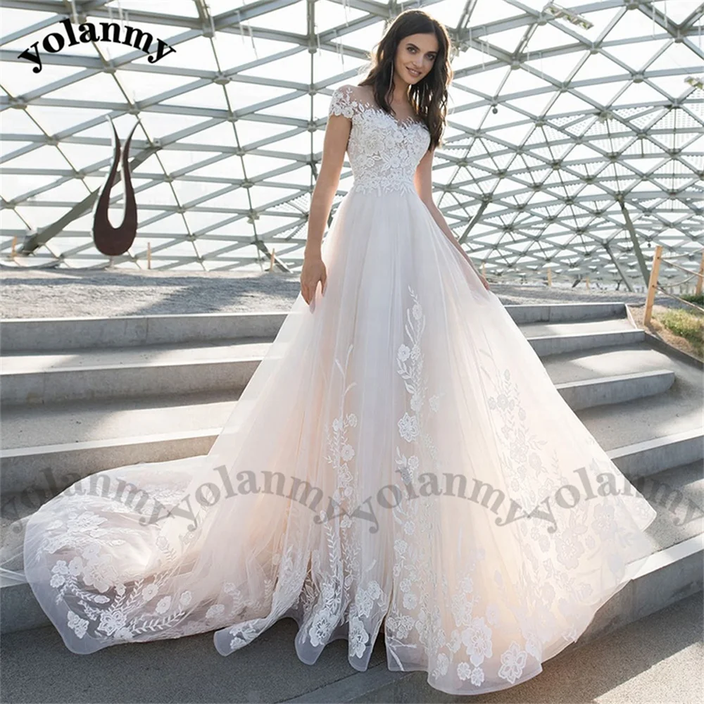 

YOLANMY Classic Wedding Dress Sleeves Short Appliques Pleat Lace Illusion Backless Sweep Train Robe De Soirée De Mariage Prom