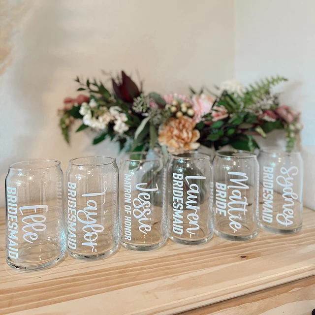 16 Oz Personalized Glass Cup With Bamboo Lid and Straw Custom Beer Can Mug,  Mason Jar, Bridesmaid Gift, Tumbler, Bachelorette Favor 