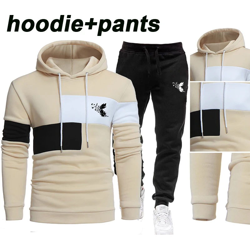 New Men's Fashion Hooded Pants Set Printed Panel Pullover Casual Jogging Set Feather Printed Sportswear Sweater Set
