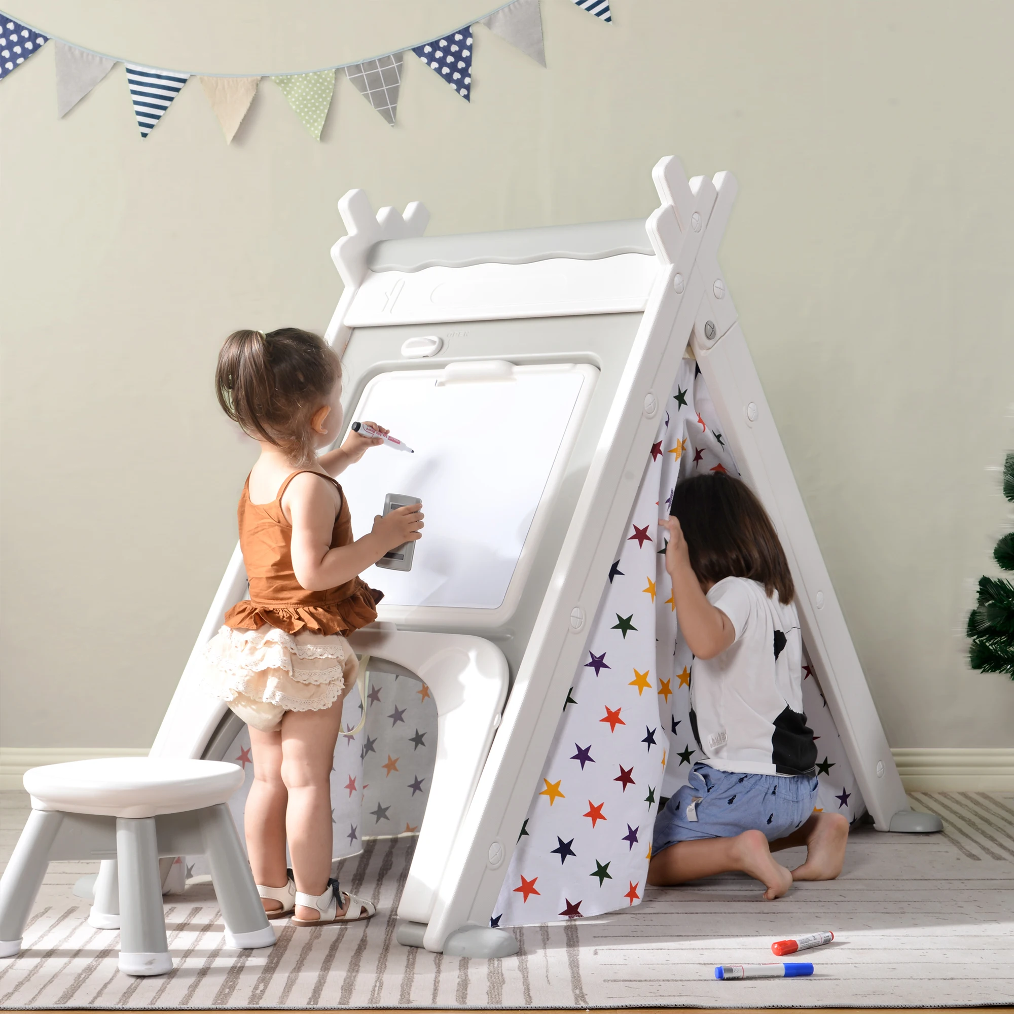 

Kids Play Tent - 4 in 1 Teepee Tent with Stool and Climber, Foldable Playhouse Tent for Boys & Girls