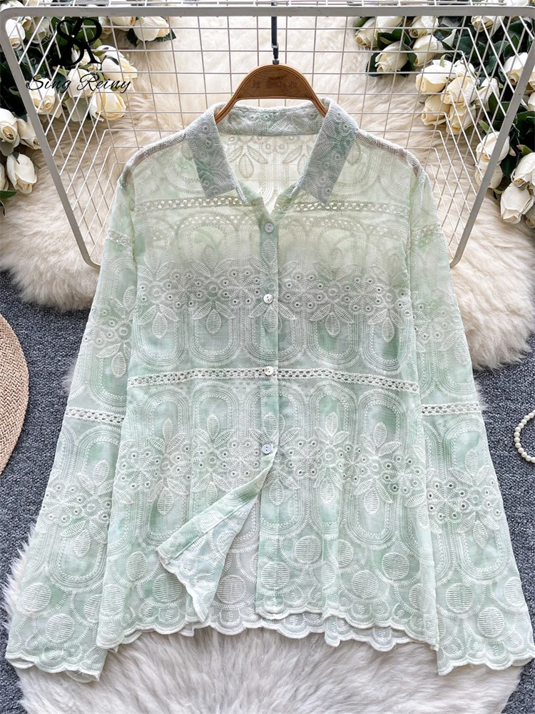 SINGREINY Embroidery Hollow Out Loose Blouse Female Single Breasted Full Sleeves Basic Tops Autumn Vintage Vacation Women Shirt