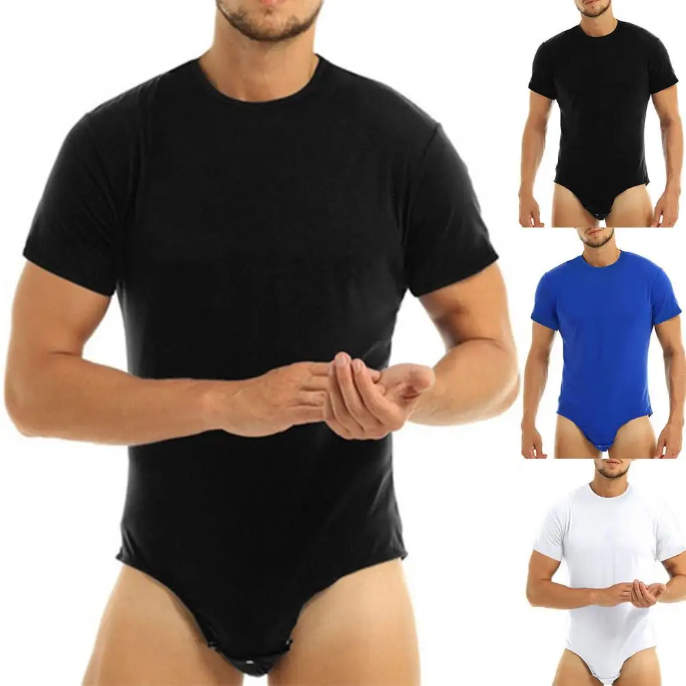 Fabulous Men Bodysuit Undershirts Men Nighty Romper Press Crotch Solid Color Bodysuit Pajamas Skin-friendly