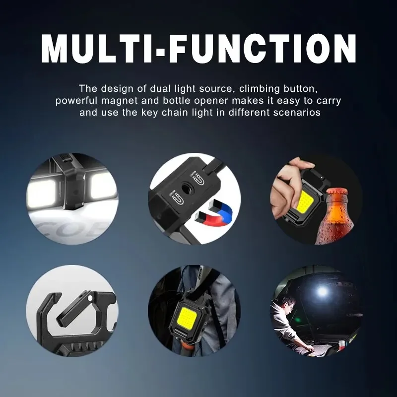COB Keychain Work Light with Dual Light Source 5Mode Rechargeable High Lumens Portable LED for Camping Hiking Running