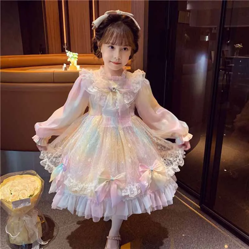 Birthday Party Lolita Sweet Dress Girls Kids Summer Mesh Long Sleeve Dress Cute Princess Doll Teen For Girls 2-10Y