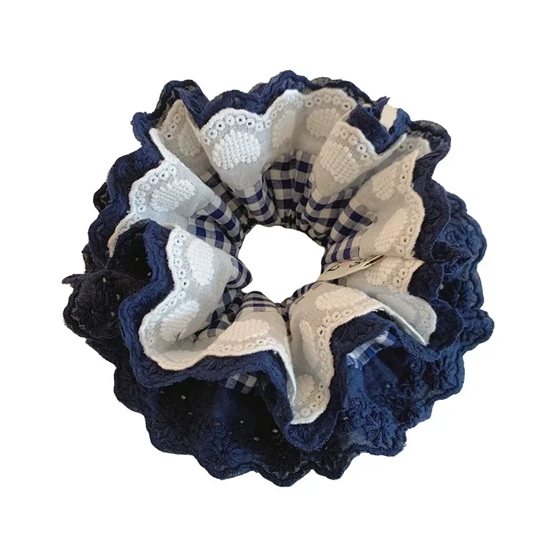 1PC Large Navy Blue Plaid Hair Scrunchie With Lace Trim, Chic Ruffled Hair Tie, Stylish Hair Accessory For Women