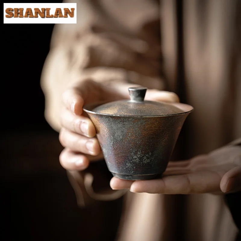 110ml Burning Silver Foil Kiln Change Gaiwan Handmade Coarse Pottery Tea Tureen Household Tea Making Cover Bowl Teaware Gift