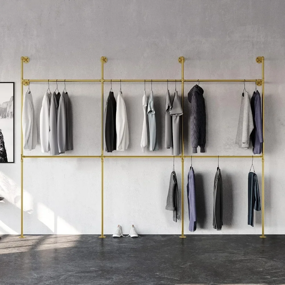 

Industrial Pipe Clothing Rack Metal Gold - Wall Mounted Clothes Racks for Hanging Clothes - Modern Walk in Closet Wardrobe Home