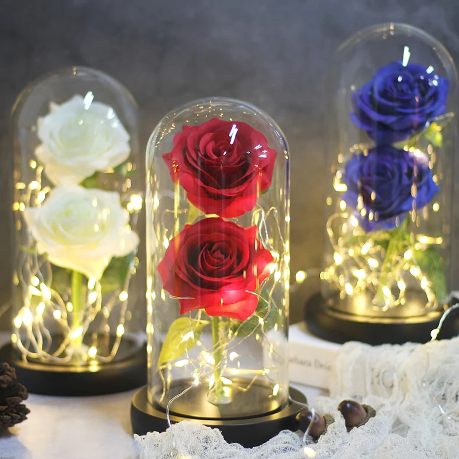 

Roses Glass Cover Gold Foil Flowers With Led Lights Anniversary LED Log Glass Artificial Flowers Valentine's Day Mother's Gift