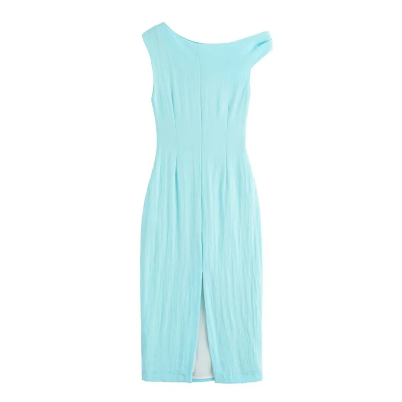 ETJ 2025 summer new women's elegant sexy fashion metal buckle inlaid asymmetrical pleated MIDI dress