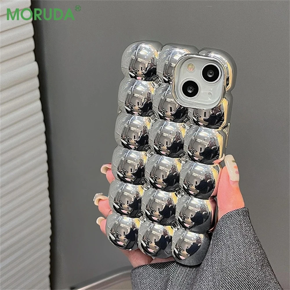 Luxury Stylish 3D Grid Plating Silver Case - Creative Cartoon Shockproof Matte Cover