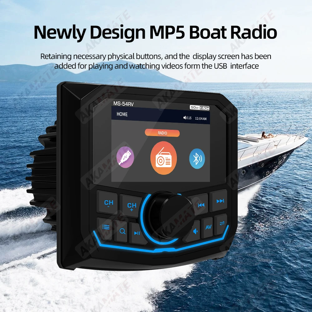 MP5 Boat Radio Bluetooth FM AM EQ Marine Stereo Waterproof IPX5 AUX Square Black Universal Media Player for RV UTV ATV SPA RZR