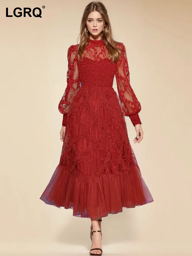 LGRQ 여성용 레이스 원피스 패치워크 메쉬 패션 스탠드 칼라 랜턴, 긴 소매 소프트 웨이스트 드레스, 여성 2024 신상 타이드 3WQ2873 