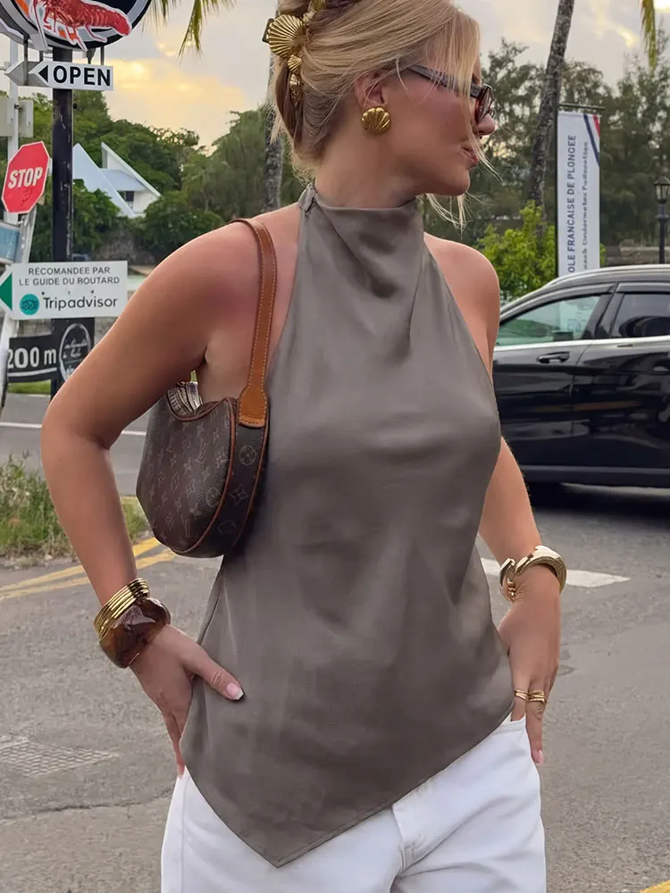HH Womens Satin Halter Neck Top Asymmetrical Hem Sleeveless Blouse Elegant Party Club Summer Streetwear Crop Top 2