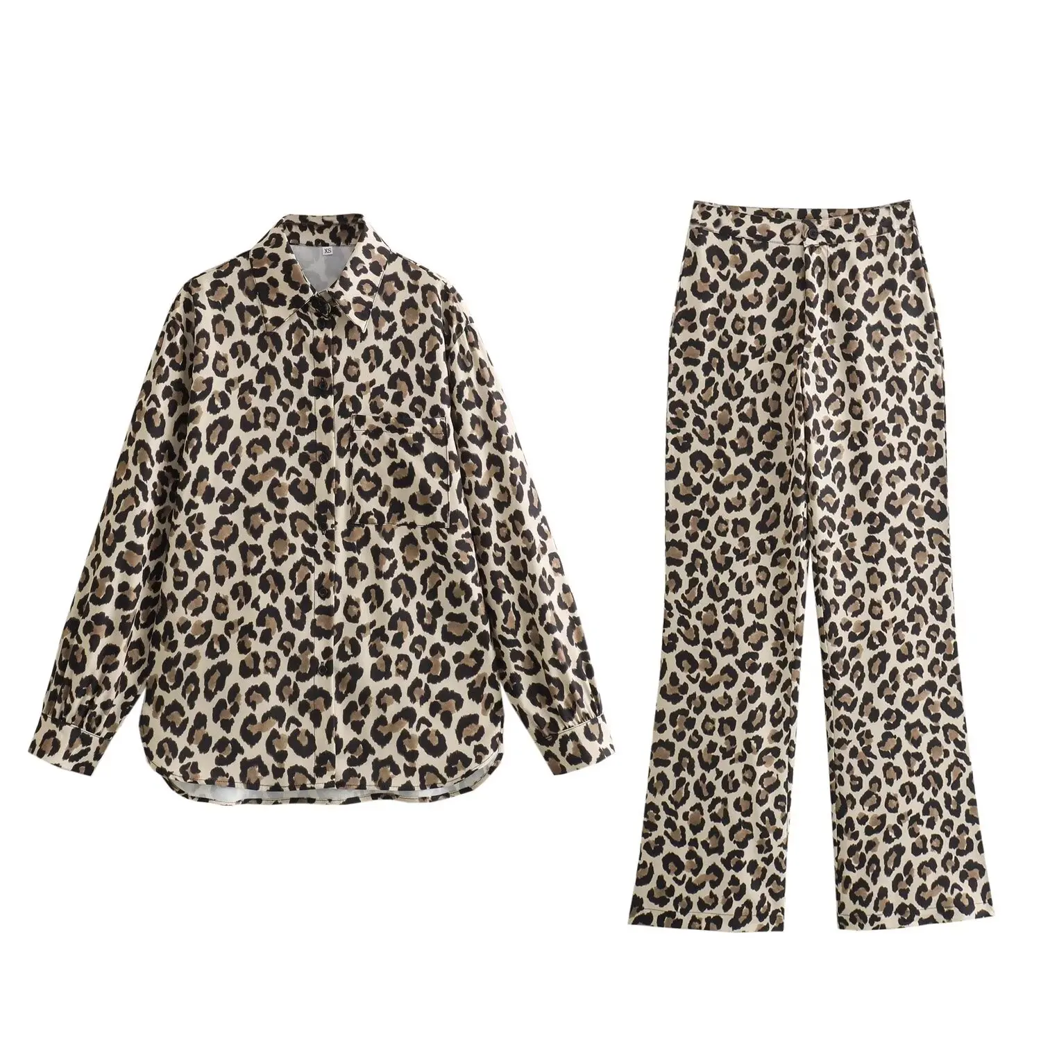 

Women 2024 spring new fashion animal print long sleeve shirt chic lapel top high waist straight pants suit Blouses Trousers Muje