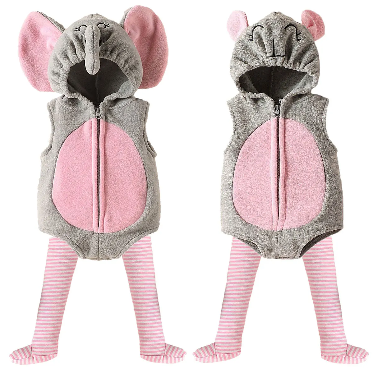 Baby Boys Girls Halloween Cute Animal Hooded Romper Sleeveless Zipper Jumpsuit with Striped Stockings Birthday Party Daily Wear