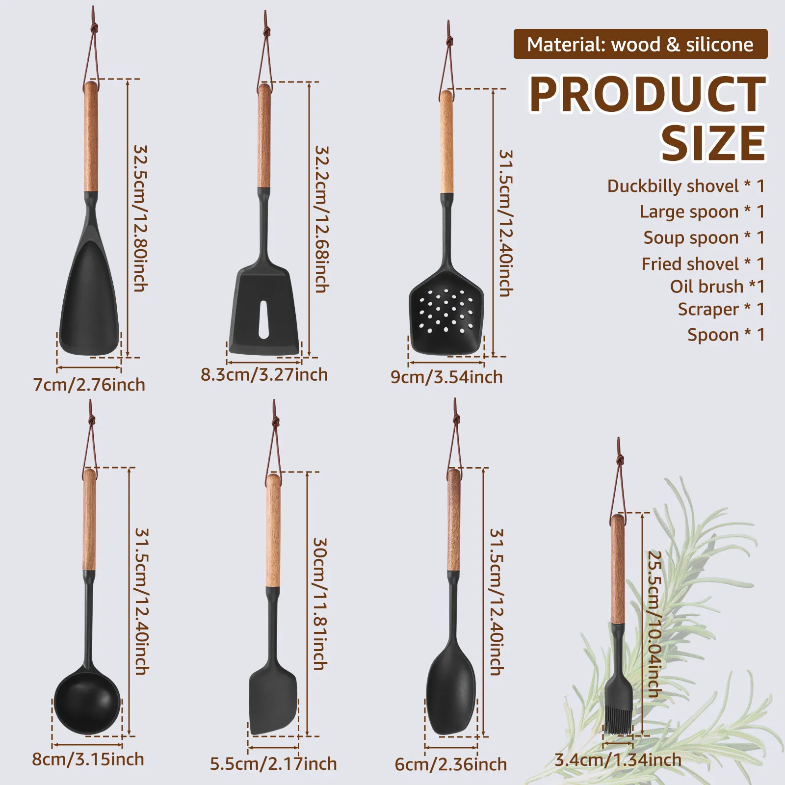 7Pcs Kitchen Utensil Set Silicone Cooking Utensil with Wood Handle Spatula,Turner Tongs, Spoon, Brush,Kitchen Gadgets Cookware