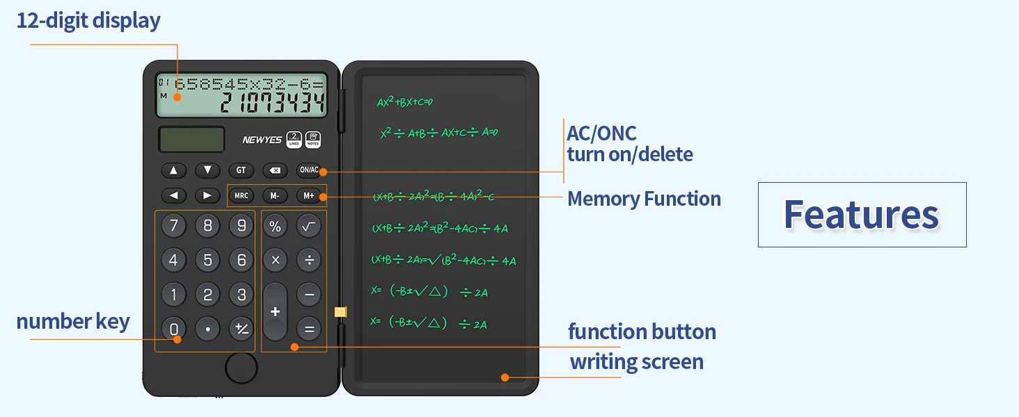 Description Picture 3 of item6.5" Portable Calculator with Notepad 2-Line 12-Digits Large Display Rechargeable Solar Power Desk Calculator for Office School