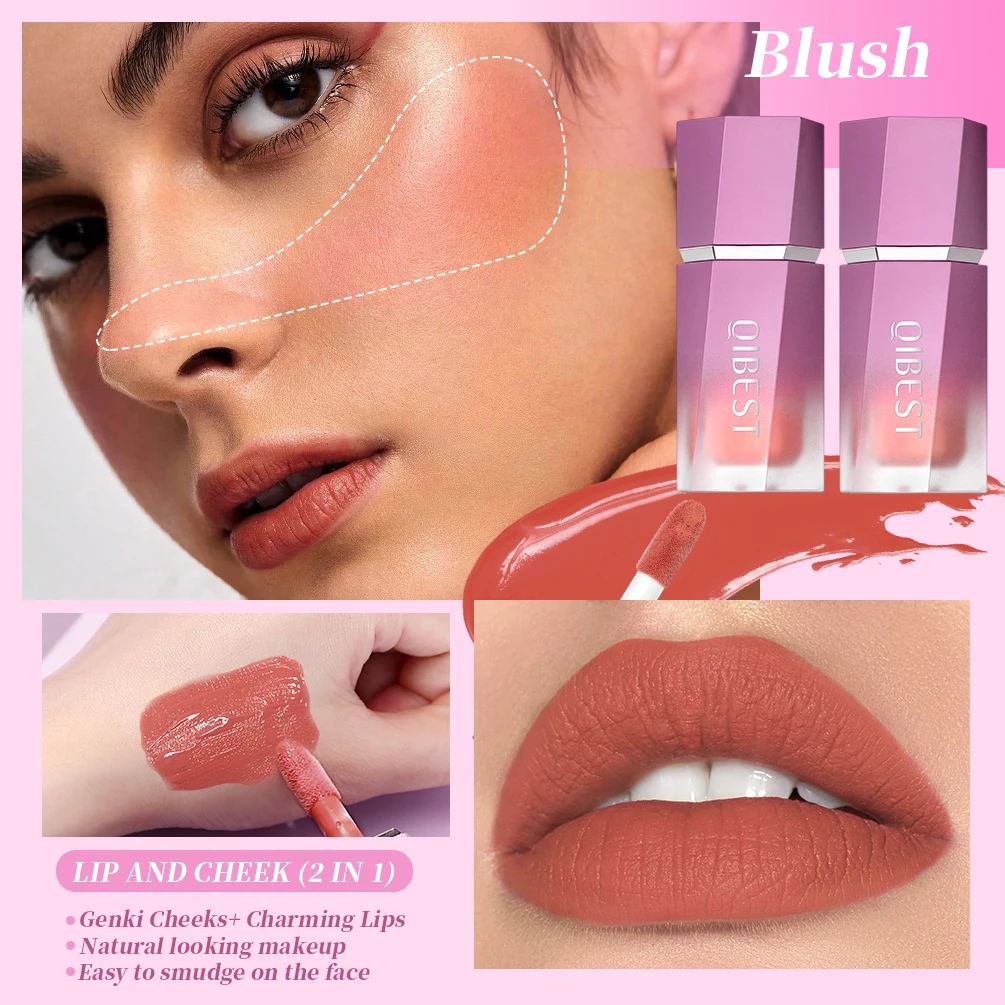 QIBEST Liquid Blush Stick with Cushion Natural Liquid Contouring for Face Blusher Pigment Lasting Cheek Tint Cream Blush Makeup