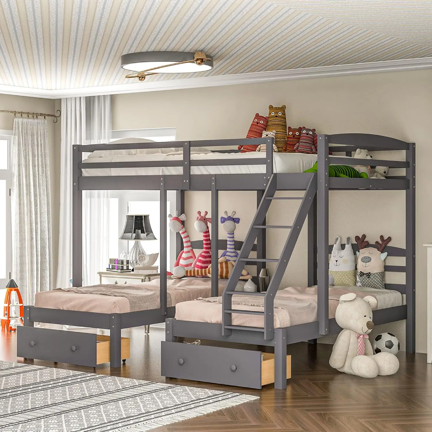 over Twin & Twin Bunk Bed,Triple Bunk Bed Frame for Boys Girls Kids Adults Toddler with Drawers, Gray