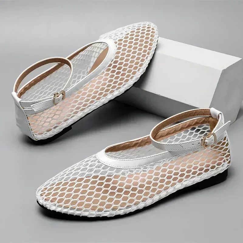Fashion Hollow Design Mesh Breathable Women's Flats Sexy T-Strap Belt Buckle Ballet Shoe Non-Slip Soft Sole Cozy Shoes for Women women shoes women flats