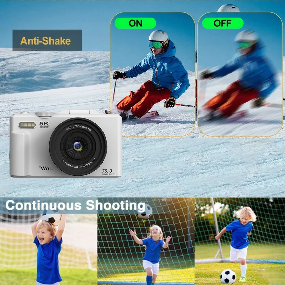 Yctze WiFi Digital Camera 5K 75mp 3 Inch Flip Screen 18x Zoom Digital