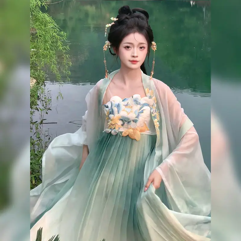 

Tang Dynasty Pink Green Hanfu Female Chebula Skirt Big Sleeve Shirt Embroidery Spring and Summer Han Elements National Style